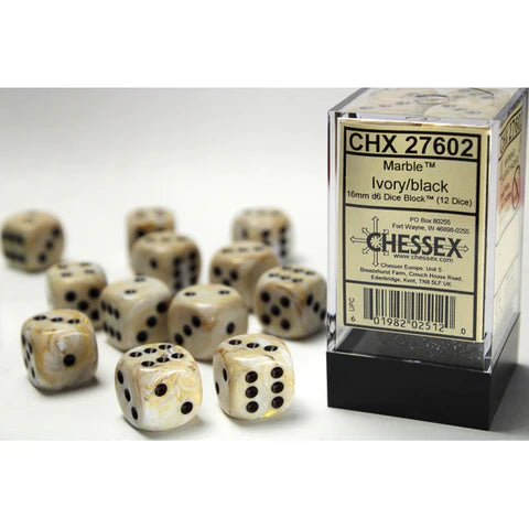 Chessex W6x12 Würfelset Marble Ivory/Black
