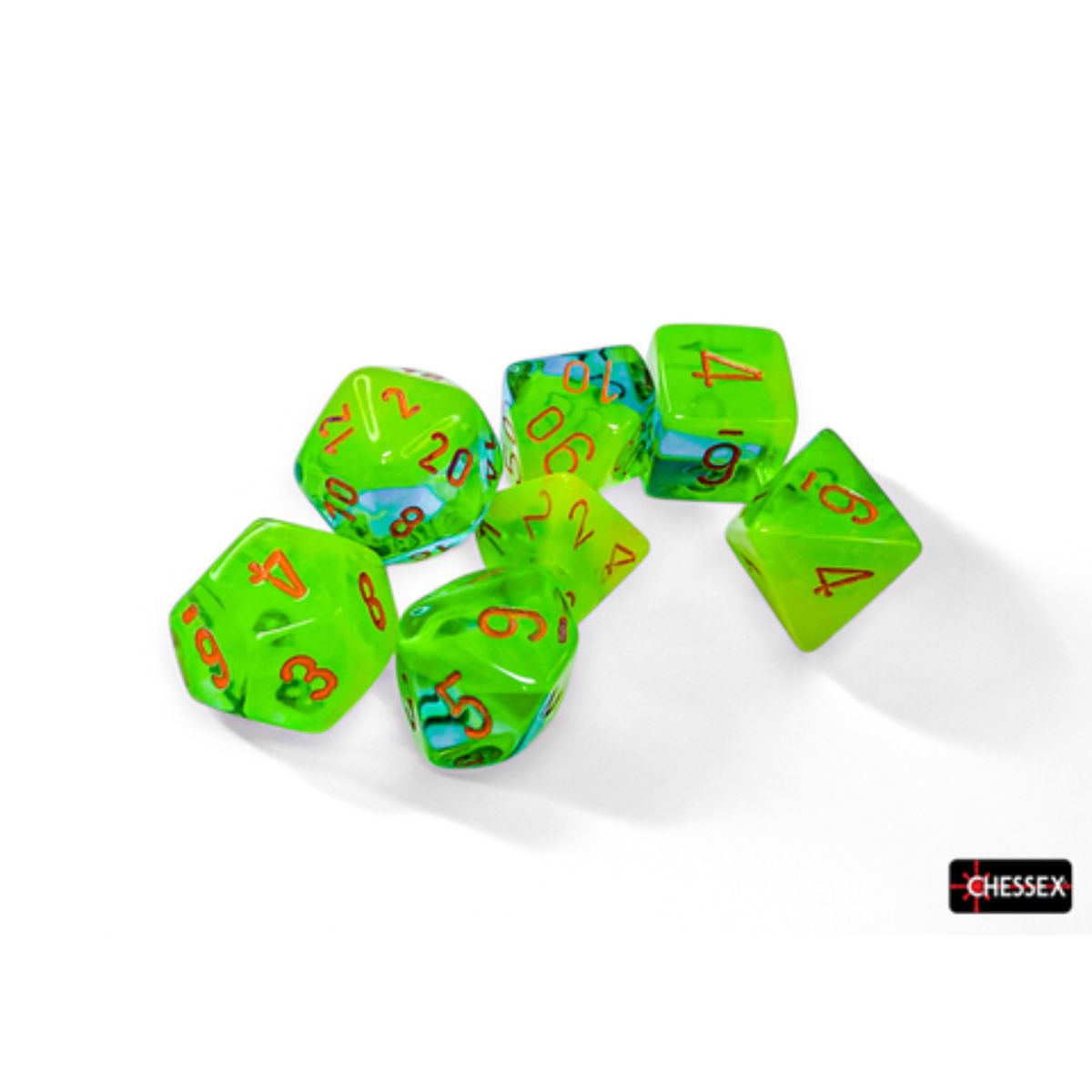 Chessex 7-Würfelset Gemini Polyhedral Plasma Green-Teal/Orange Luminary